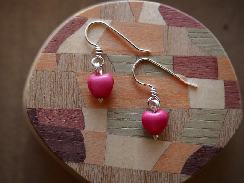 Pink clay heart shaped handmade argentium and fine silver sweetheart earrings