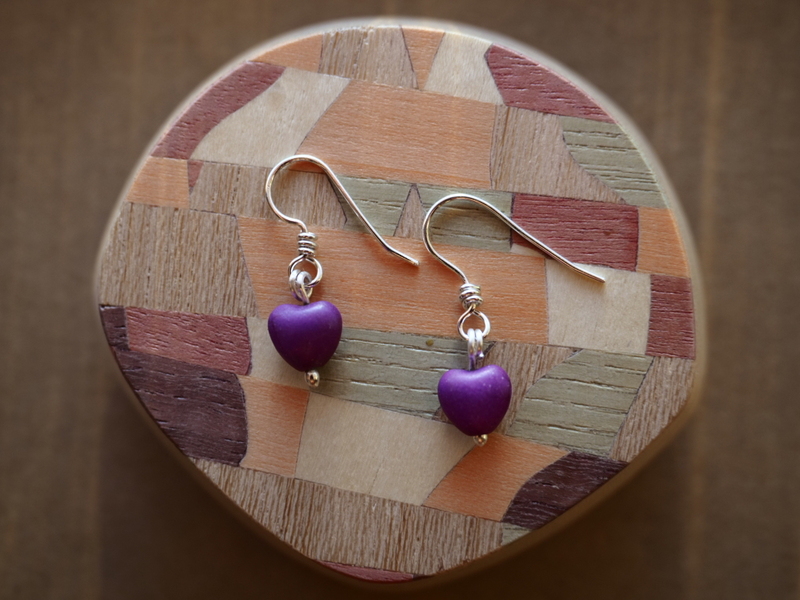 Clay purple heart shaped handmade argentium and fine silver sweetheart earrings