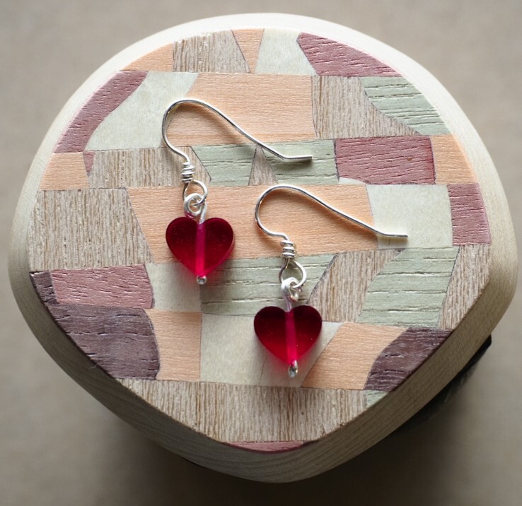 Garnet colored heart shaped handmade argentium and fine silver sweetheart earrings